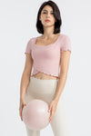 PACK264777-P1010-1, Light Pink Frilly Trim Crossed Hem Cropped Yoga Top