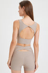 PACK264779-P5016-1, Pale Khaki Square Neck Cutout Back Crop Yoga Tank Top