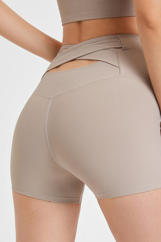 PACK265550-P5016-1, Pale Khaki Back Cross Waistband Yoga Shorts