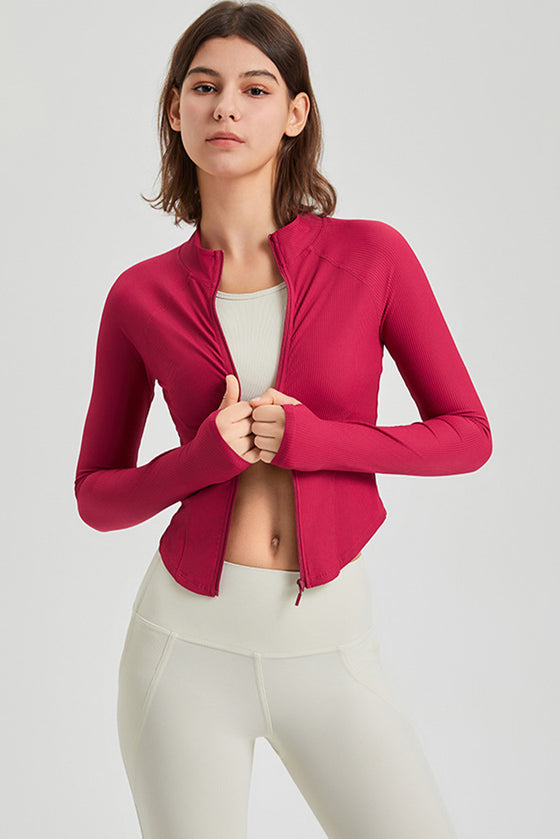 PACK264780-P206-1, Pitaya Pink Thumbhole Sleeve Mock Neck Zip Up Yoga Coat