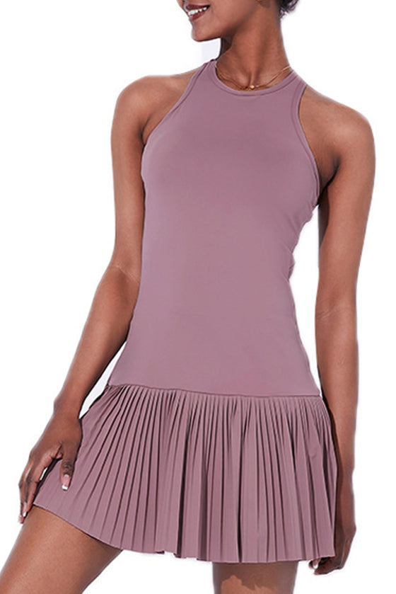 PACK267003-P308-1, Valerian Solid Color Sleeveless Pleated Active Mini Dress