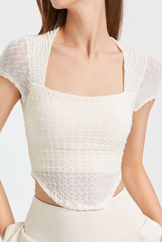 PACK264781-P1-1, White Solid Color Textured Square Neck Active Top