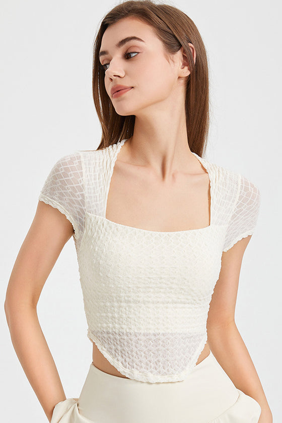 PACK264781-P1-1, White Solid Color Textured Square Neck Active Top