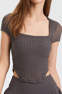  PACK264781-P5017-1, Dark Brown Solid Color Textured Square Neck Active Top