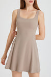 PACK267004-P5016-1, Pale Khaki Sleeveless U Neck Back Zipper Sports Mini Dress
