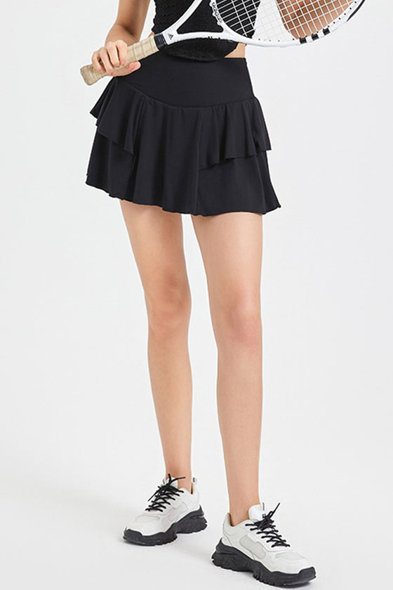 PACK265552-P2-1, Black High Waist Ruffled Sports Athletic Skirt