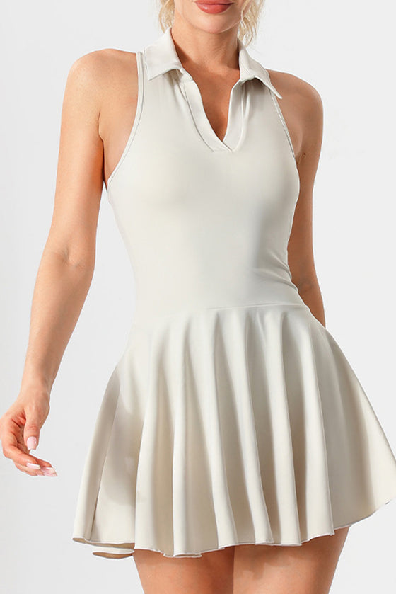 PACK267005-P1-1, White V Neck Pleated Removable Pad Sleeveless Active Dress