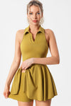 PACK267005-P407-1, Mustard V Neck Pleated Removable Pad Sleeveless Active Dress
