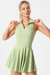 PACK267005-P1109-1, Grass Green V Neck Pleated Removable Pad Sleeveless Active Dress