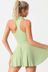 PACK267005-P1109-1, Grass Green V Neck Pleated Removable Pad Sleeveless Active Dress