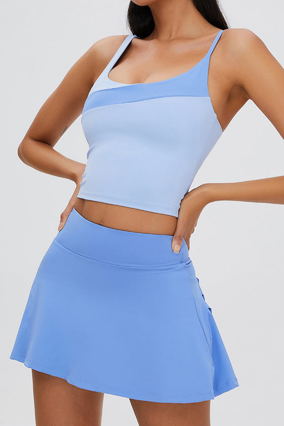 PACK265554-P205-1, Sky Blue Solid Color High Waist Back Pleated Sports Skirt
