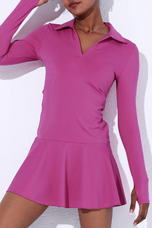  PACK267009-P106-1, Bright Pink V Neck Long Sleeve Active Sports Dress