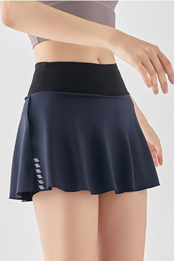 PACK265557-P605-1, Navy Blue Colorblock Waistband Geo Print 2-in-1 Active Skirt