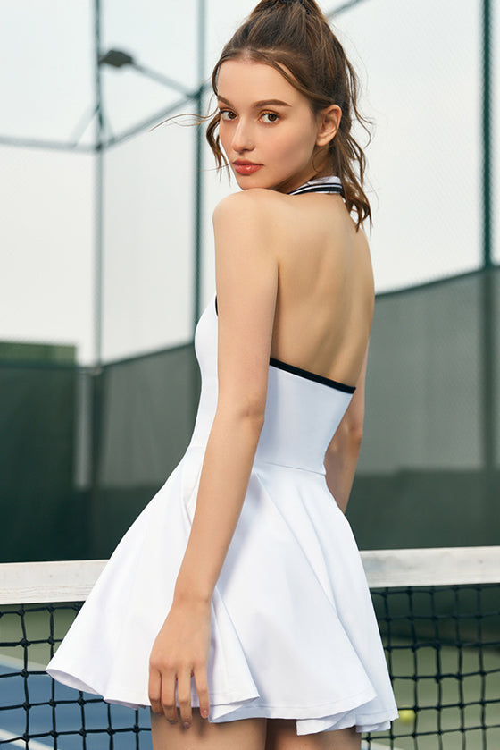 PACK267010-P1-1, White Colorblock Sleeveless Collared Halter Neck Backless Sports Dress