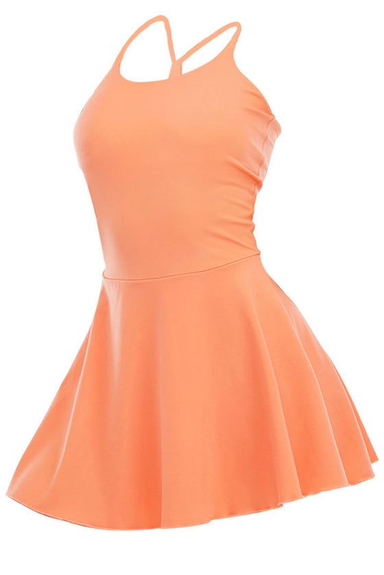 PACK267012-P3014-1, Grapefruit Orange Spaghetti Straps U Neck Pocketed Active Dress