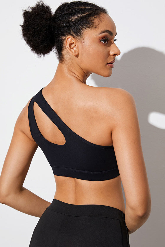 PACK264786-P2-1, Black Solid One Shoulder Cut Out Sports Bra