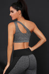 PACK264786-P2011-1, Dark Grey Solid One Shoulder Cut Out Sports Bra