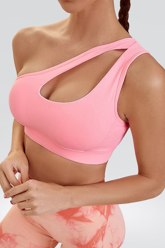 PACK264786-P4010-1, Peach Blossom Solid One Shoulder Cut Out Sports Bra