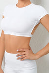 PACK264770-P1-1, White Solid Color Short Sleeve Backless Active Crop Top