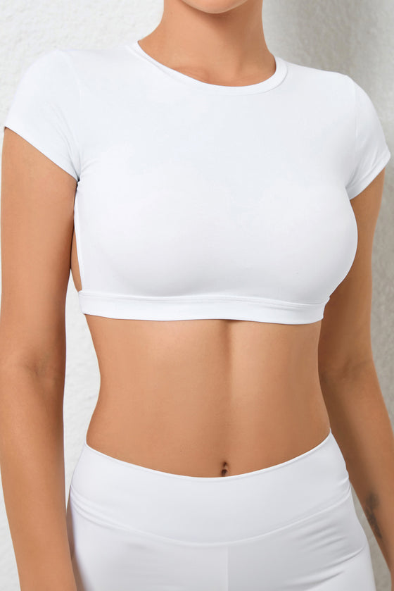 PACK264770-P1-1, White Solid Color Short Sleeve Backless Active Crop Top