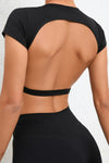 PACK264770-P2-1, Black Solid Color Short Sleeve Backless Active Crop Top