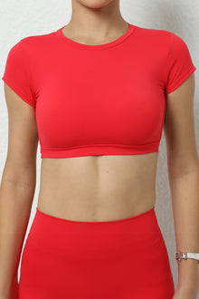  PACK264770-P3-1, Fiery Red Solid Color Short Sleeve Backless Active Crop Top