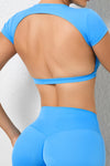PACK264770-P205-1, Sky Blue Solid Color Short Sleeve Backless Active Crop Top