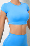PACK264770-P205-1, Sky Blue Solid Color Short Sleeve Backless Active Crop Top
