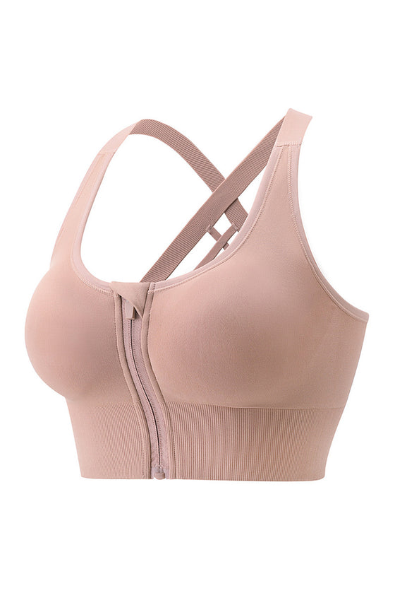 PACK264788-P1310-1, Sepia Rose Solid Criss Cross Zip Up Sports Bra