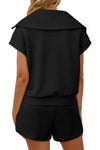 PACK15961-P2-1, Black Textured Zipped Turn-down Collar Shorts Set