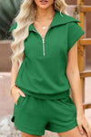 PACK15961-P109-1, Bright Green Textured Zipped Turn-down Collar Shorts Set