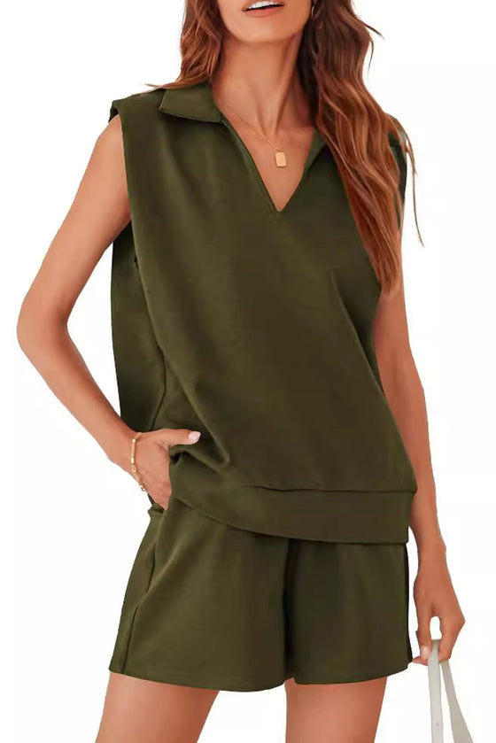 PACK2611656-P2409-1, Vineyard Green Sleeveless Collared V Neck Pocket Shorts Active Set