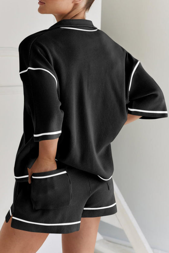 PACK15965-P2-1, Black Contrast Stitch Collared V Neck Half Sleeve Tee Shorts Set