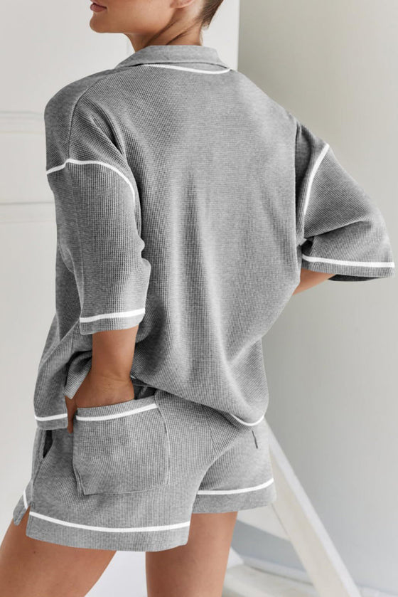 PACK15965-P11-1, Gray Contrast Stitch Collared V Neck Half Sleeve Tee Shorts Set