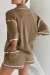 PACK15965-P17-1, Brown Contrast Stitch Collared V Neck Half Sleeve Tee Shorts Set