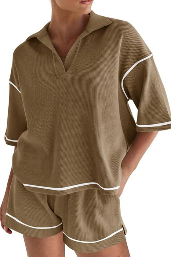 PACK15965-P17-1, Brown Contrast Stitch Collared V Neck Half Sleeve Tee Shorts Set