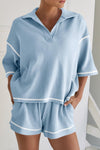 PACK15965-P804-1, Beau Blue Contrast Stitch Collared V Neck Half Sleeve Tee Shorts Set