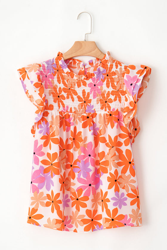 PACK25126220-P1420-1, Orange Ruffled Sleeve Smocked Floral Top