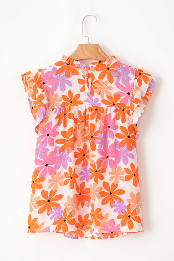 PACK25126220-P1420-1, Orange Ruffled Sleeve Smocked Floral Top