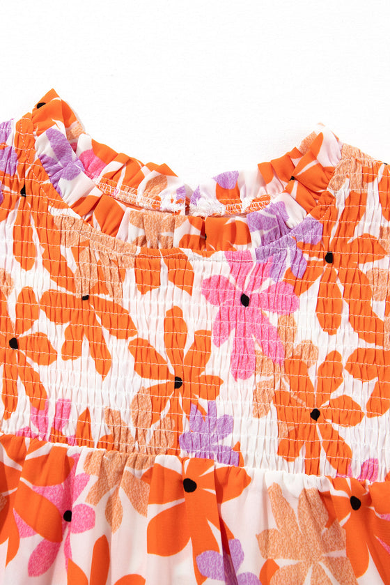 PACK25126220-P1420-1, Orange Ruffled Sleeve Smocked Floral Top