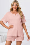PACK15967-P1010-1, Light Pink Ribbed Notched Neck Short Sleeve Top and Shorts Set