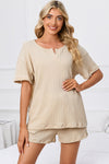 PACK15967-P18-1, Apricot Ribbed Notched Neck Short Sleeve Top and Shorts Set