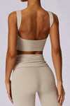 PACK2611657-P15-1, Beige Backless Active Tank Top and Ruched Waist Flare Pants Set