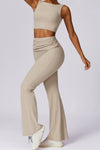 PACK2611657-P15-1, Beige Backless Active Tank Top and Ruched Waist Flare Pants Set