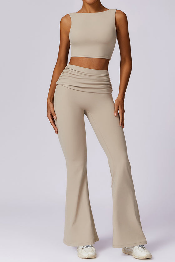 PACK2611657-P15-1, Beige Backless Active Tank Top and Ruched Waist Flare Pants Set