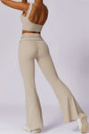 PACK2611657-P15-1, Beige Backless Active Tank Top and Ruched Waist Flare Pants Set