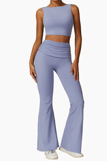  PACK2611657-P304-1, Sky Blue Backless Active Tank Top and Ruched Waist Flare Pants Set