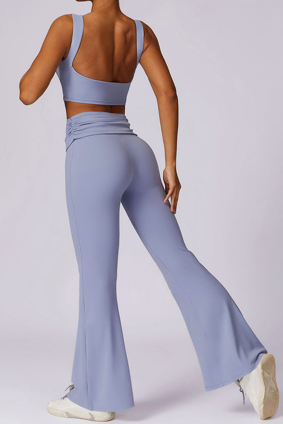 PACK2611657-P304-1, Sky Blue Backless Active Tank Top and Ruched Waist Flare Pants Set