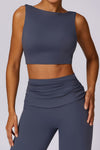 PACK2611657-P905-1, Sail Blue Backless Active Tank Top and Ruched Waist Flare Pants Set