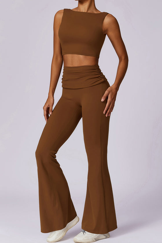 PACK2611657-P1017-1, Coffee Backless Active Tank Top and Ruched Waist Flare Pants Set